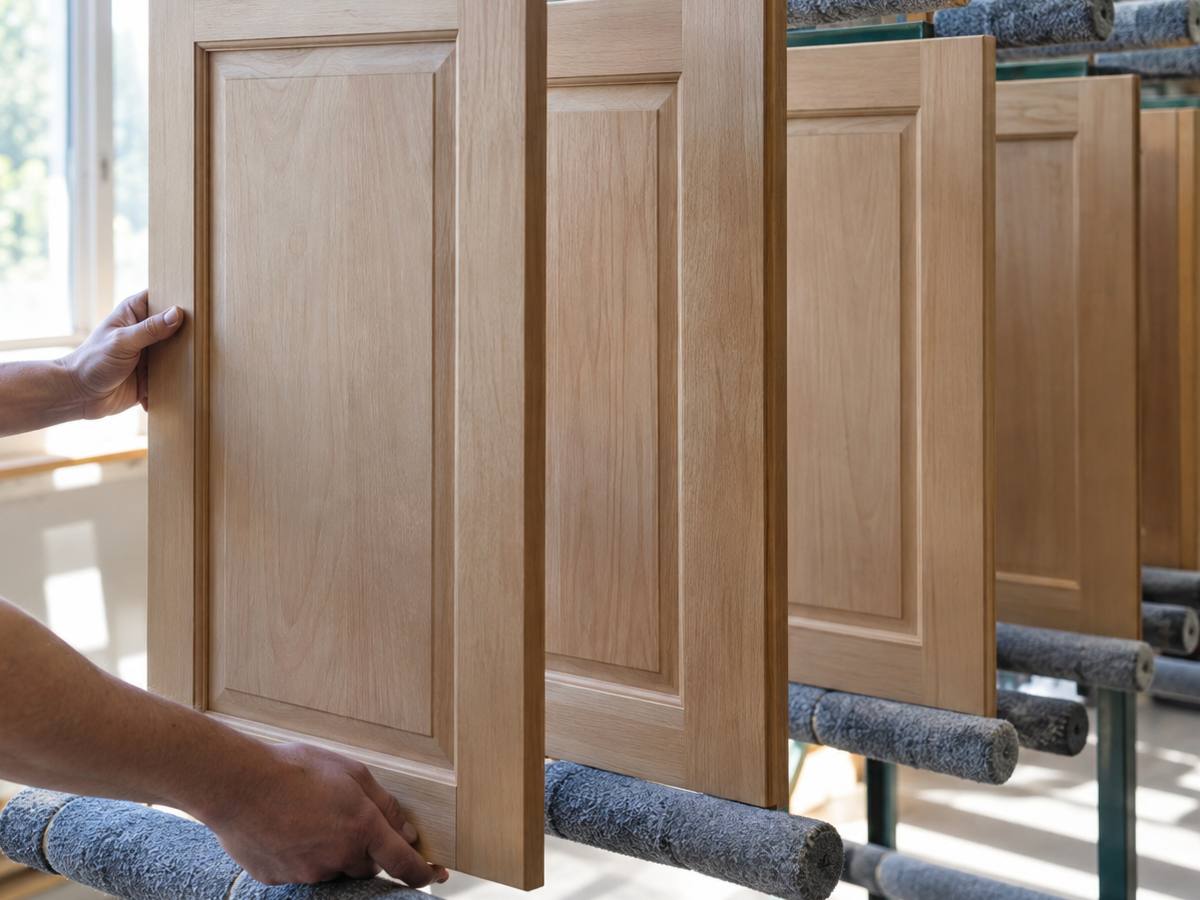 A bare wood cabinet door being cleaned and prepared before any primer goes on.