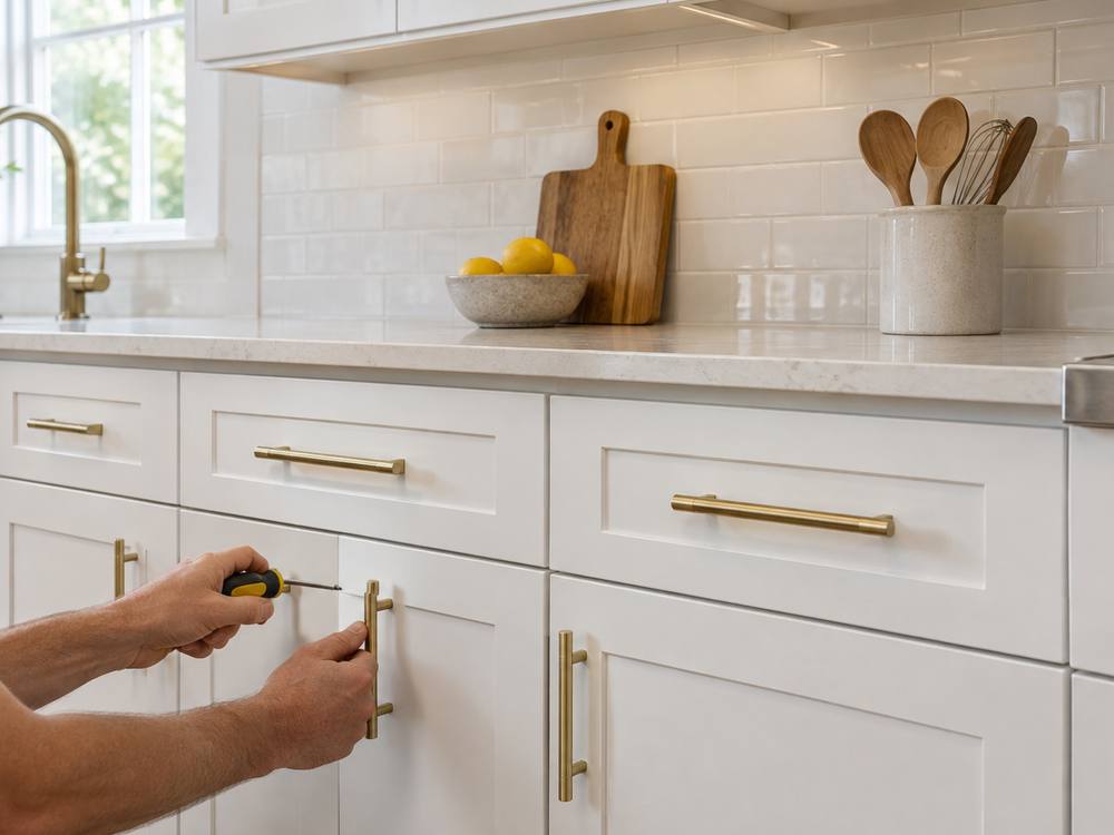Hands fitting a brass bar pull to a white shaker drawer front