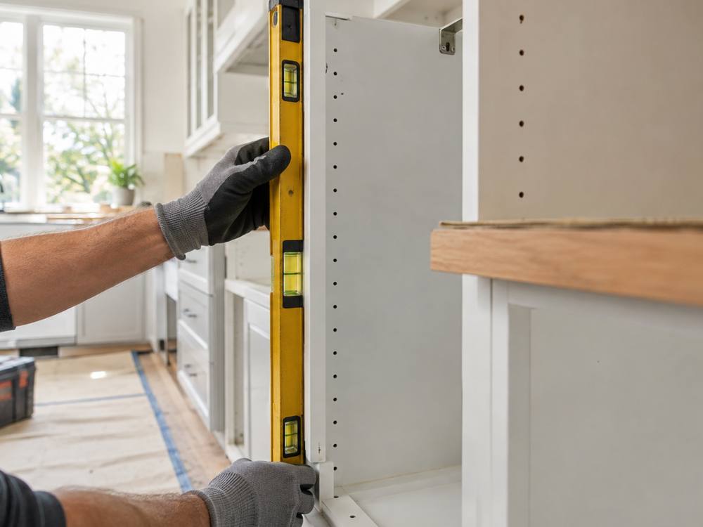 Gloved hands holding a yellow level against a white cabinet box