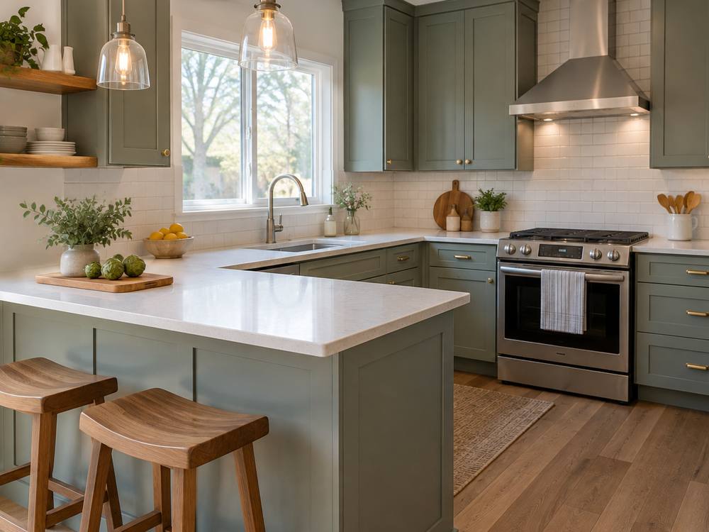 Sage green kitchen with a white-topped peninsula, wooden stools and brass pulls
