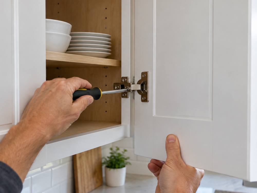 Screwdriver adjusting a hinge on a white shaker upper cabinet door