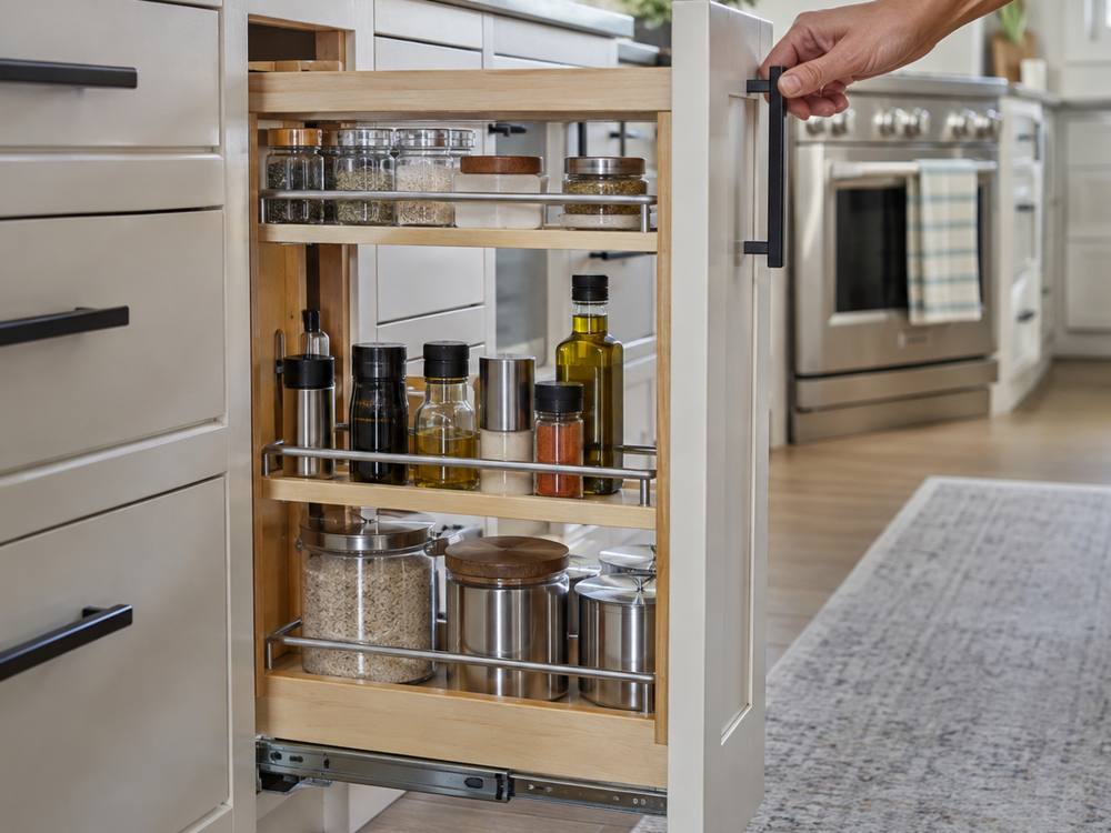 Hand pulling out a two-shelf spice rack beside a stainless range