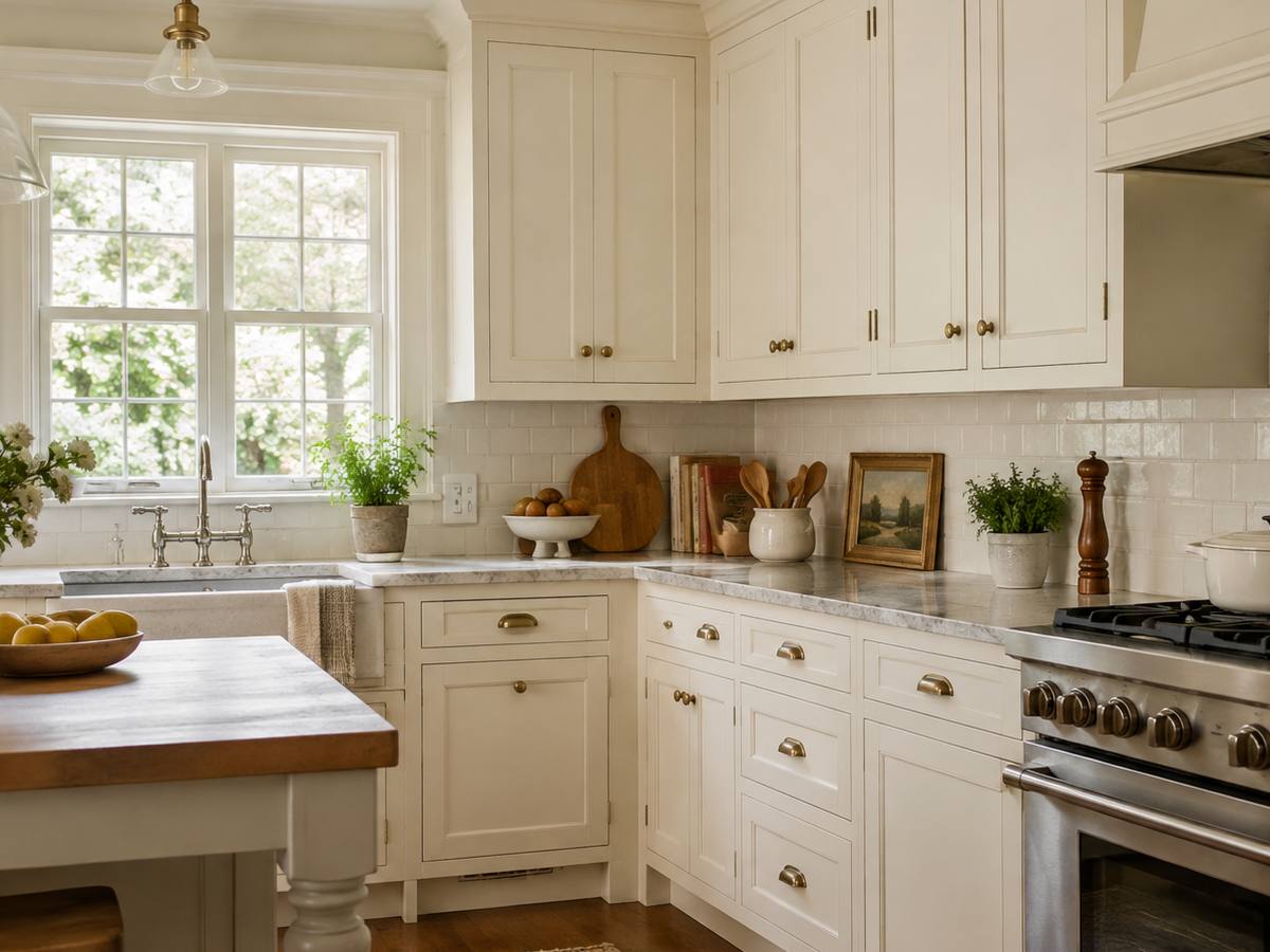 A cream painted cottage-style kitchen in Hamilton with wood countertops and shaker doors.