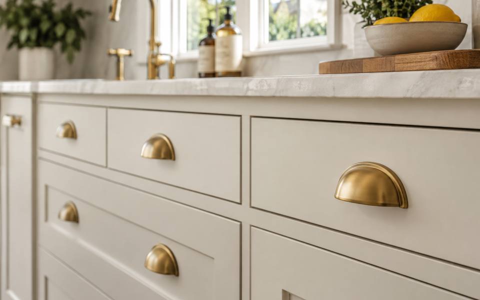 Brass cup pulls fitted to cream drawer fronts on a painted vanity.