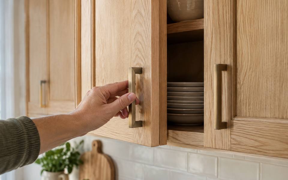 A hand resting on a white oak cabinet door where the grain shows clearly.