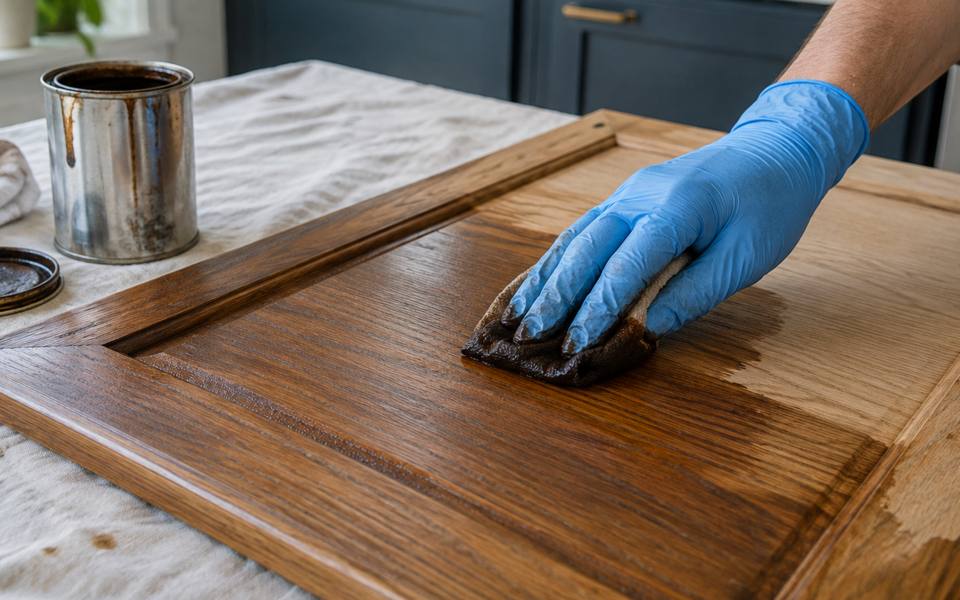 A cloth applying stain evenly across the face of a wood cabinet door.