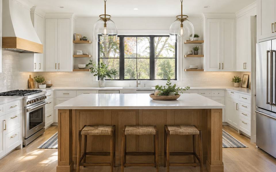 A cream remodelled kitchen in a Hamilton century home with a large island.