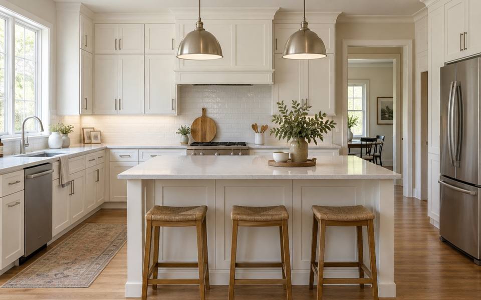 A bright white shaker kitchen with a central island and a stainless range.