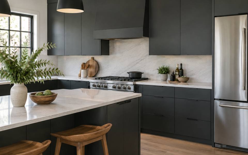 A charcoal grey slab-front kitchen with warm wood accents and a long island.
