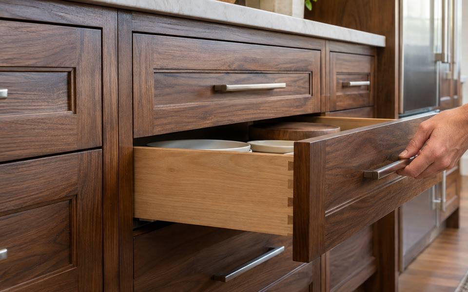 An open walnut drawer showing the refinished wood grain along its front.