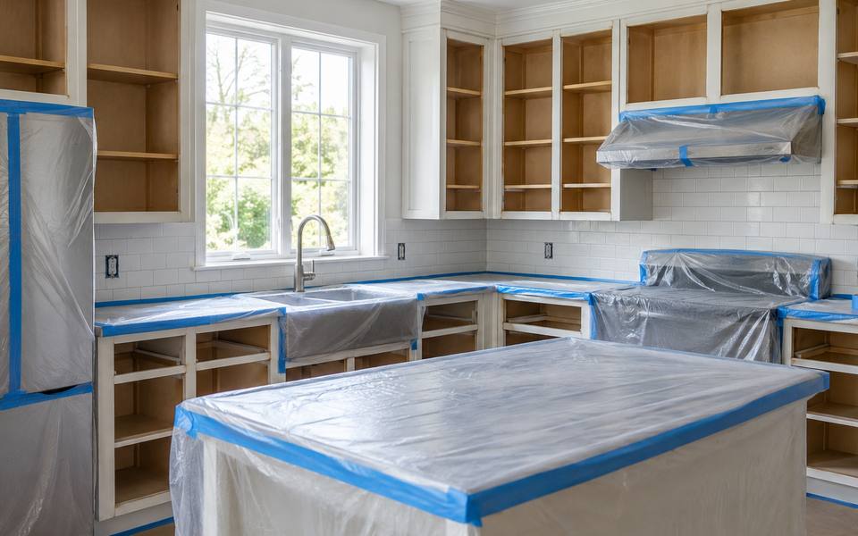 A kitchen masked with plastic sheeting and tape, every door already removed.