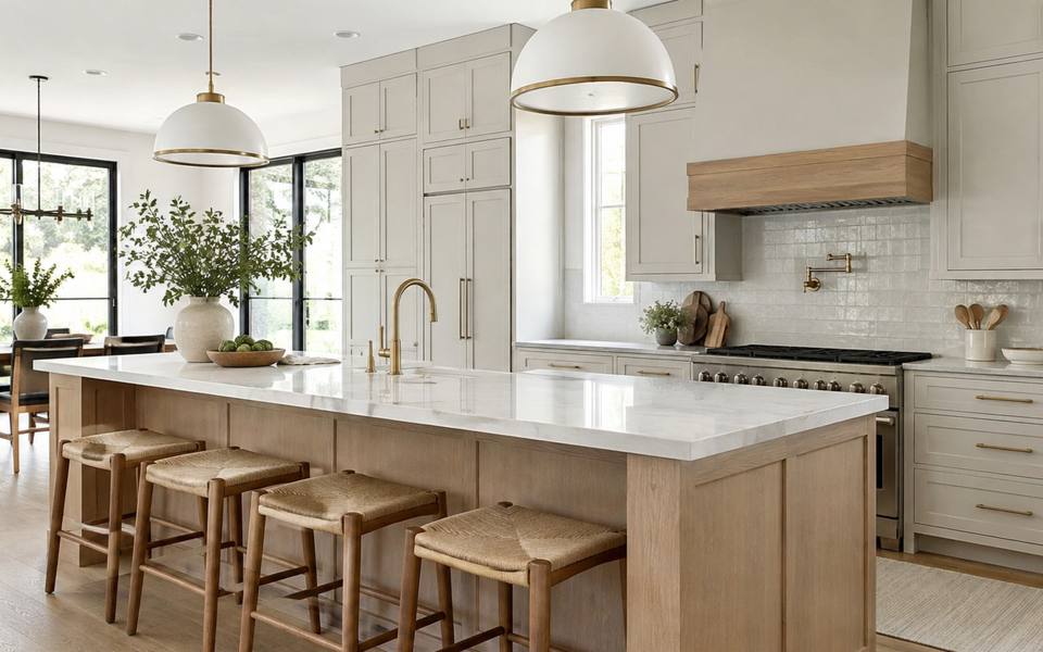 An open-plan kitchen with a painted island and pendant lights hanging above it.