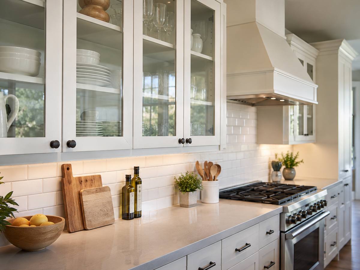 Glass-front upper cabinets lit from inside, showing dishes behind clear panes.